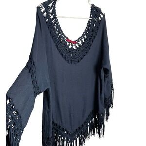 Essentials Sioni Boho Fringe Beach Coverup Size XL Navy Beach Resort Vacation